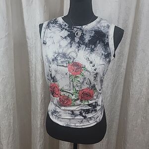 Black-White Anchor Roses Tie-Dye Sleeveless Top